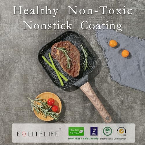 ESLITE LIFE 7 Inch Nonstick Small Grill Pan for Indoor Cooking, Versatile Induction Square Grilling Skillet Steak Pan for Stove Tops, PTFE & PFOA Free, Black by ESLITE LIFE - Image 3