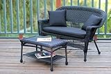 Jeco Wicker Patio Love Seat and Coffee Table Set with Cushion, Black