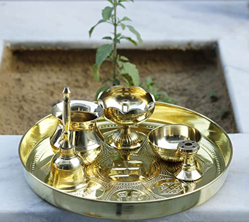 Indian Art Villa Pure Brass Pooja Thali Set with Ashtmangal Beeded Design, Religious Spiritual Item, Home Temple, Diameter-8.1