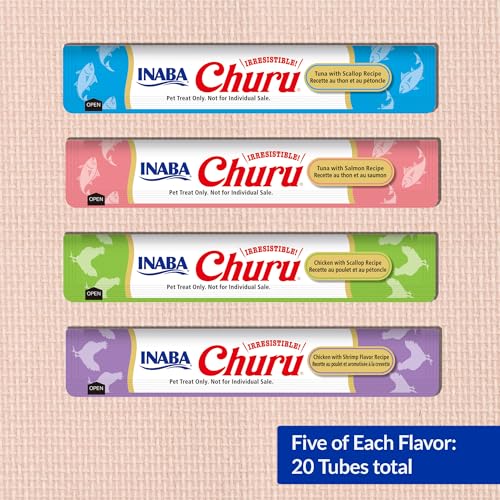 Image of INABA Churu Cat Treats, Lickable, Squeezable Creamy Puree Cat Treat with Green Tea Extract & Taurine, 0.5 Ounces Each Tube, 20 Tubes, Seafood Variety