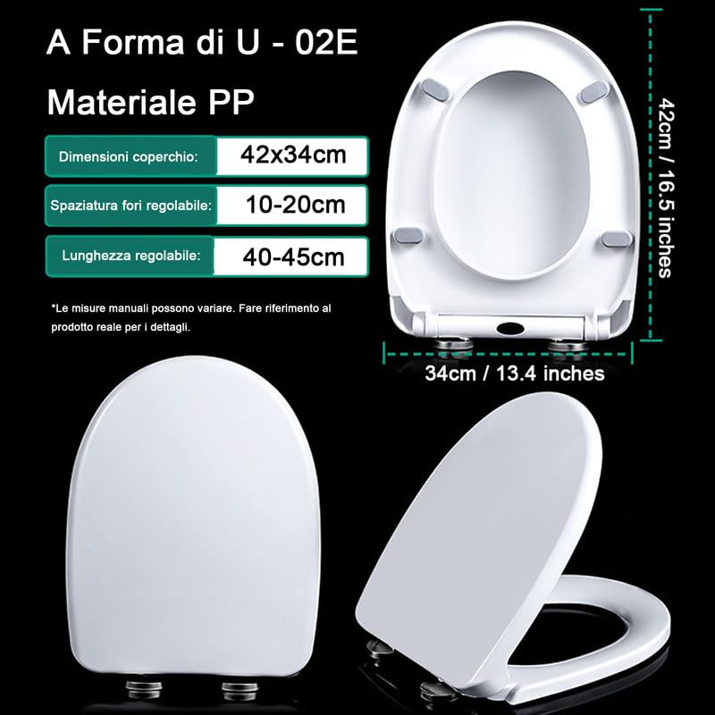 Tavoletta WC Universale Forma di D/U, Sedile WC PP Chiusura Ammortizzata, Coperchio WC con Funzione di Sgancio Rapido, Facile da Pulire, Copriwater Bianco, 02E, 42x34cm