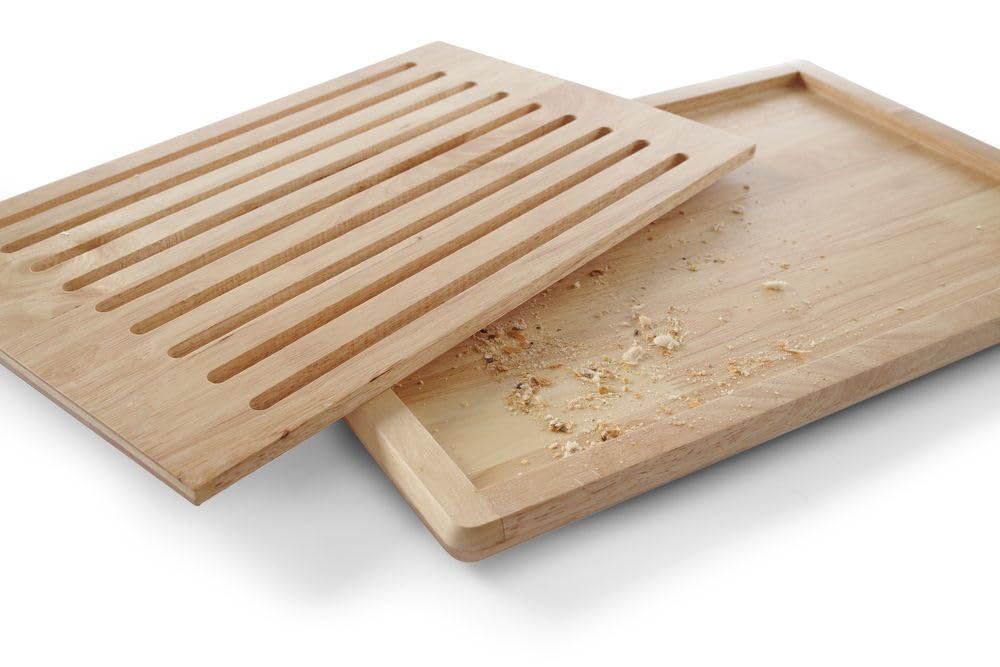HENDI Tabla para cortar pan, con rejilla extraíble y bandeja recogemigas, tabla de picar pan, tabla de cocina, 475x322x(H)20mm, madera de caucho