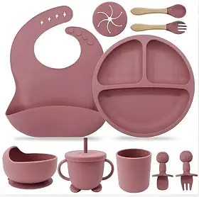 Kit Introdução Alimentar Bebê em Silicone Premium, 8 Peças, Prato Dividido, Bowl, Copo com Tampa e Canudo, Babador e Talheres, Livre de BPA (Rubi)