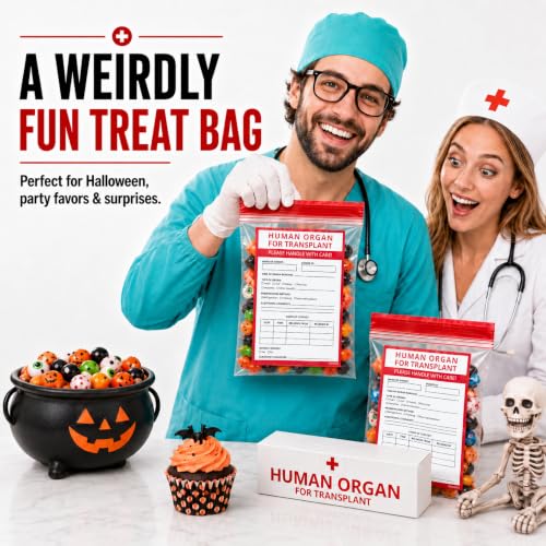 Image of Funny Human Organ Bags, 50 Pack, Organ Donor Bags & Medical Party Favors | Organ donation & transplant bags for bulk healthcare events, doctor parties and candy; BPA-free, food-grade, 7 x 9 in.