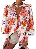EVALESS Womens Tops Long Sleeve Shirt Cute Print Blouses for Women Fashion 2025 Red Button Down Shirt for Women Dressy Casual Boho Clothes Outfits for Holiday Sexy V Neck Tops for Spring Fall,Small