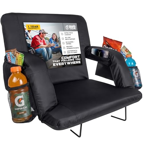 BRAWNTIDE Stadium Seat for Bleachers with Back Support - Wide Padded Reclining Bleacher Seat, Portable Folding Stadium Chair with Armrests, Hooks, Straps, Cup Holders & Pockets (Black, 23')