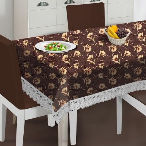 Image of The Furnishing Tree Waterproof PVC Rectangle Shaped 8 Seater Table Cover WxL 60x108 inches Floral Pattern Coffee Brown with White Border lace