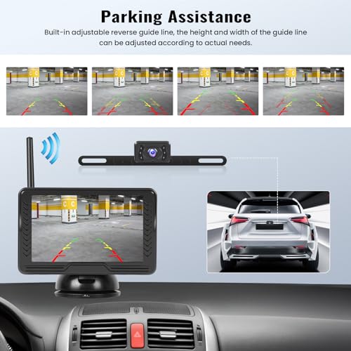 Image of Wireless Backup Camera for Car with 5 inch Monitor Easy Setup IR Night Vision IP69 Waterproof License Plate Reverse Camera DIY Parking Lines Rear View Camera System for Car Truck SUV Pickup Van