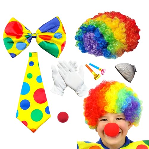 AYNKH 7 PCS Ensemble d'Accessoires de Costume de Clown, Perruque Afro Arc-en-ciel, Nez de Clown, Cravates Colorées, Nœuds papillons colorés, Gants, Sifflets, Filets à Cheveux, Jeux de rôle, Carnavals