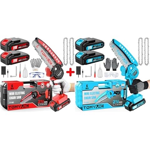Tomyvic Mini Chainsaw Cordless 6 Inch (Red + Blue), Cordless Handheld Chainsaw with Safety Lock [Deals 2024 Prime Gift Day] Cover