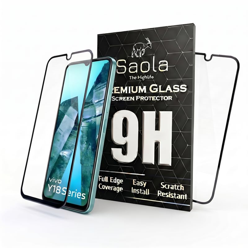 Image of Saola HD Clear Tempered Glass for Vivo Y18i | High Strength 9H Protection, Smooth Touch, Full Coverage Screen Guard, 2-Step Installation Kit | Quick & Easy Application (Pack of 2)