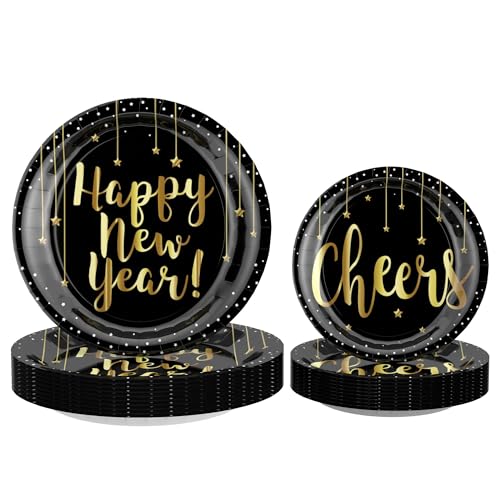 Happy New Year Eve Party Supplies Nye Decorations 2026 Tableware, New Years Plates and Napkins Disposable, 194 Pcs Happy New Year Banner Paper Plates, Napkins, Cups, Tablecloth Serve 24 - Image 5