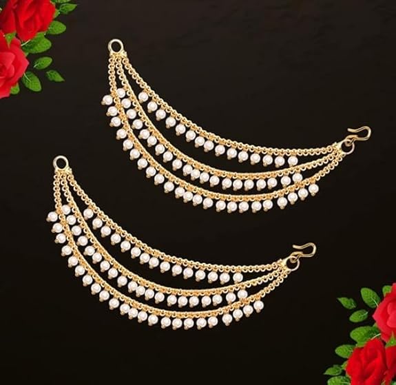 MEENAZ Brass copper Gold kanchain 3 layer long bridal wedding ear kan chain Champaswaralu earchains Ear Chains for Hair Jhumka Jhumki kanoti moti pearl Traditional Earrings for women girls Golden-M020 - Image 4