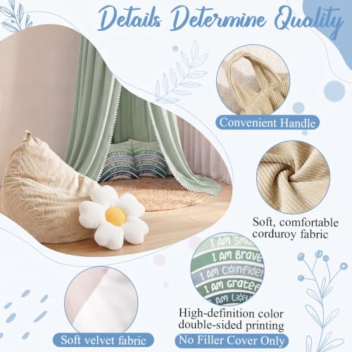 Image of 5 Pcs Kids Reading Corner Set Reading Nook Bean Bag Chair Cover with Canopy Tent, Throw Pillow Cover (No Filler) and Flower Pillow for Bedroom Playroom Nursery Corner Decoration(Green)