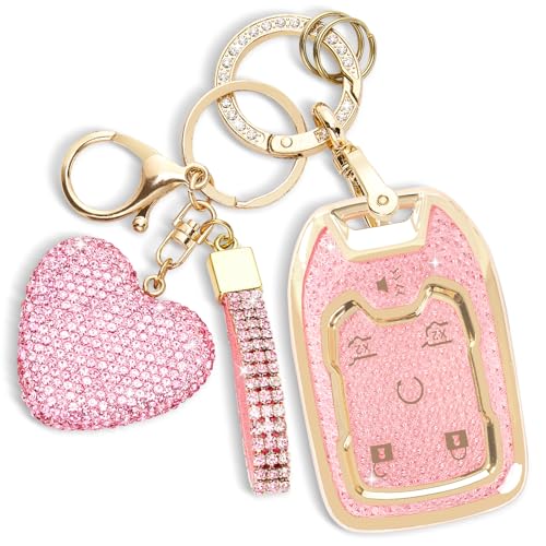 Rislobx Key Fob Cover with Diamond Key Chain Fit for Chevy GMC Yukon/Yukon XL, Car Key Protector with Rhinestone Heart Keychain for Terrain Acadia Sierra Suburban Tahoe for Women (6 Buttons Pink)
