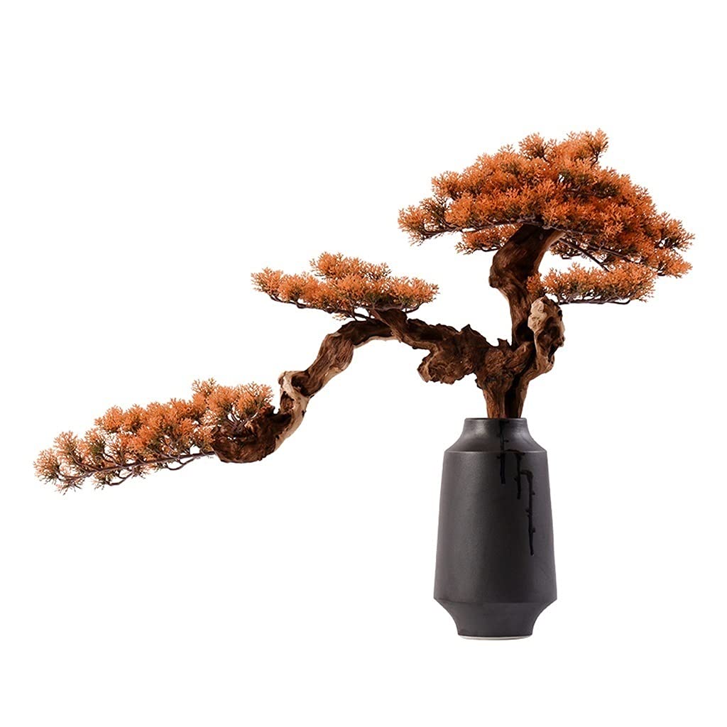 WOTZOV Simulation Potted Plants Bonsai Tree Artificial Pine Yellow Leaf Bonsai Ceramic Flower Pot Artificial Tree Fake Plant