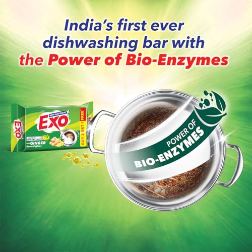 Image of Exo Dishwash Bar, 360gm (90gm X (3 + 1 Bar Free) | Complete Dishwashing Solution With Anti-Bacterial Efficacy & Goodness of Ginger Remove Tough Grime Stains | Experience Hygienic & Superior Cleaning