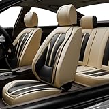 SLARY 5PCS H7 Front and Back Car Seat Covers Auto Interior Accessories with Water Proof Nappa Leather for Cars SUV Pick-up Truck Universal Comfortable and Breathable (Full Set, Black&Beige)