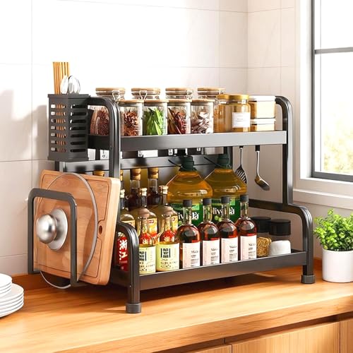 Image of CoolLeaf Kitchen Organizer Rack Steel, ๐-๐๐ข๐๐ซ Spice Rack Organizer With Cutting Board Stand, Cutlery Holder & Hooks, Multipurpose Kitchen Rack Stand for Counter Top Organizer,๐๐ ๐๐ Load-Black
