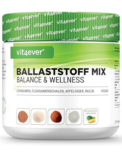 vit4ever Kombination aus Ballaststoffe - 400 g Pulver mit Flohsamenschalen, Inulin (Präbiotikum), Apfelfasern, Leinsamen - Ballaststoffreich - Vegan - Mit Natürlichem Ananas Aroma - Premium Qualität