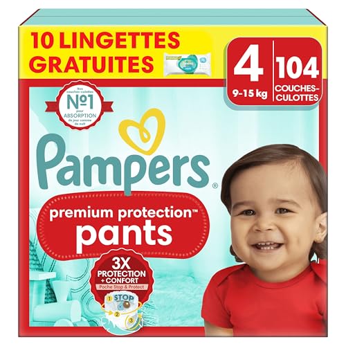 Pampers Premium Protection Pants Taille 4, 104 Couches, 9-15kg, Avec Maintien 360° et Matières Ultra-Douces Pour Notre Meilleur Confort Et Protection + 10...