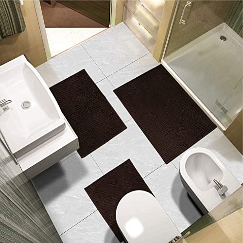 Urvoix Bathroom Rugs Set - 3 Pieces Ultra Soft Non-Slip Bath Mats, Chenille Absorbent Bath Rugs For Bathroom, Tub And Shower (Brown) #TOP1