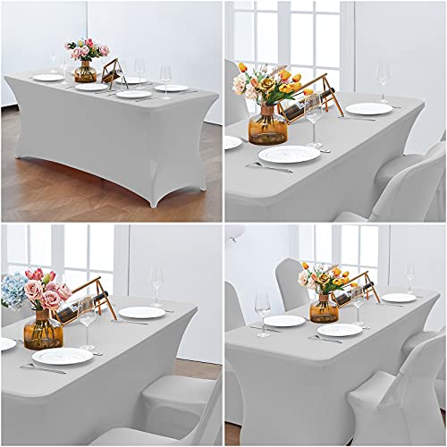 Image of CWK 4FT Waterproof Stretch Spandex Table Cover for Rectangular Tables - Elastic Fitted Tablecloth for Folding Tables,Wrinkle Resistant Table Cloth for Parties, Weddings, Banquets & Events (Silver)