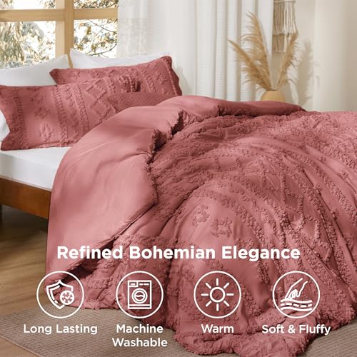 Image of Bedsure Tufted Boho Comforter Set Queen Size - Grayish Pink Boho Bed Set, GentleSoft 3 Pieces Farmhouse-Style Embroidery Bedding, Gifts for Woman, Soft Jacquard Kids' Queen Comforter for All Seasons