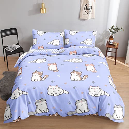 Datura home Kawaii Cat Duvet Cover Set Lovely Kitten Purple Print Printed Bedding Set with 2 Pillowcases for Boys Girls Teens Children Bedroom All Season,NO Comforter(Cat Purple Full)