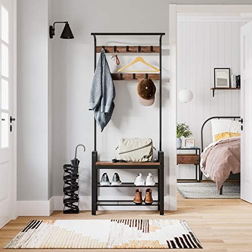 VASAGLE Coat Rack, Coat Stand with Shoe Storage Bench, 4-in-1 Design, with 9 Removable Hooks, a Clothes Rail, for Hallway, Entrance, 33.7 x 77 x 183 cm, Industrial, Hazelnut Brown and Black HSR040B03