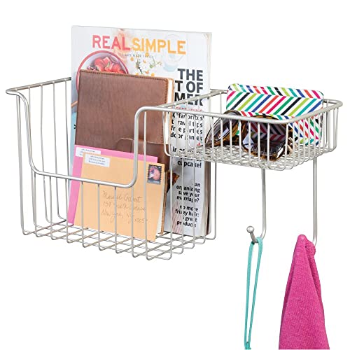 ImDesign Metal Wire Wall Mount Entryway Storage Organizer Mail Basket Holder with 2 Hooks, 2 Compartments