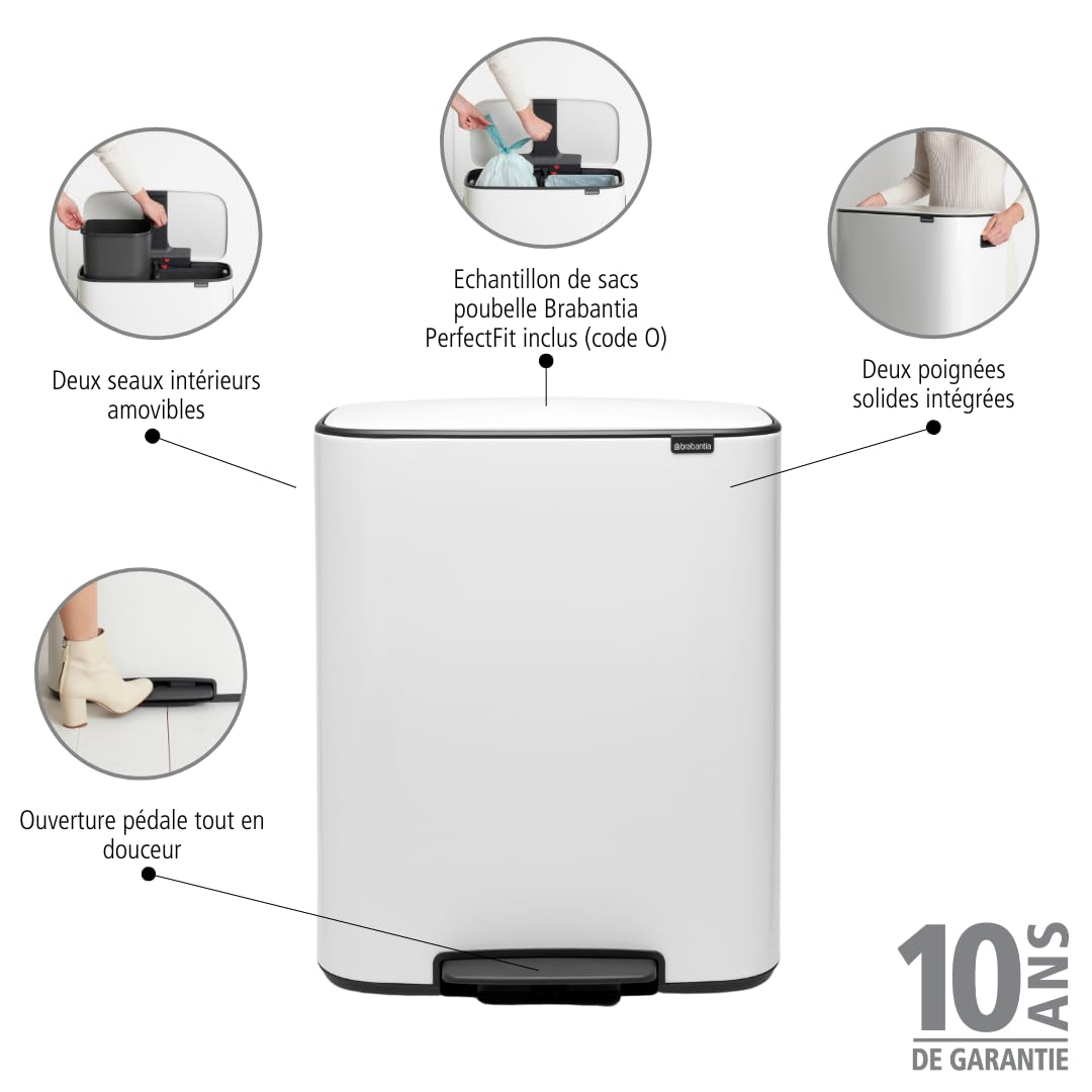 Brabantia - 211447 - Poubelle à pédale Bo, Avec 2 seaux intérieurs, Blanc, 2 x 30 L