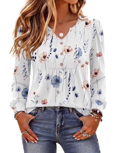 Image of Zeagoo Womens Long Sleeve Tops Fall V Neck Shirt Casual Pleated Tunic Top