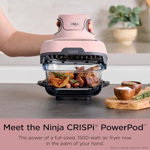 Ninja Crispi Fritadeira de ar portátil de vidro 4 em 1, recipientes de vidro de 4 quartos e 6 chávenas com tampas de armazenamento, comida fácil, adequada para microondas, congelador e