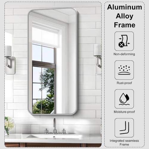 Image of KOCUUY Silver Bathroom Mirror, 20x40 Inch Bathroom Mirror for Over Sink, HD Tempered Glass, Anti-Rust Brushed Silver Frame, Rounded Corner Modern Design for Bathroom, Hang Horizontal /Vertical