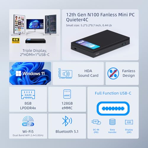 Image of MeLE Quieter4C Fanless Mini PC with Win 11 Pro N100 (up to 3.4GHz 4C /4T) 8GB LPDDR4x 128GB Storage Micro Desktop Computer, Support 4K Triple Display, Dual HDMI, All-in-One USB-C WiFi 5 BT5.1 Ethernet