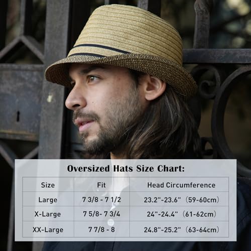 Image of Comhats Oversize XL XXL Mens Summer Straw Fedoras Sun Hats Panama Derby Packable 57-64cm 22.4 inch-25.2 inch 7 1 /8-8