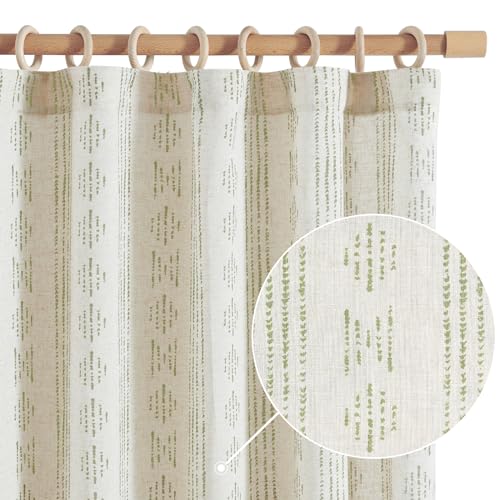 Image of jinchan Boho Curtains Linen Blend for Living Room Farmhouse Sage Green Curtains 63 Inch Length 2 Panels for Bedroom Geometric Striped Light Filtering Window Drapes Rod Pocket Sage Green on Beige