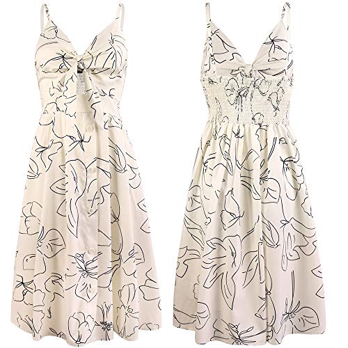 Image of FANCYINN Womens Tie Front Button Down A-Line Dresses Summer Spaghetti Strap Midi Dress Floral Prints