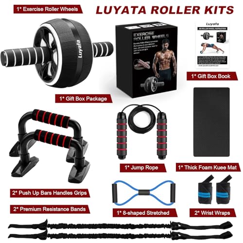 Ab Roller Wheel, 10-In-1 Ab Exercise Wheels Kit with Resistance Bands, Knee Mat, Jump Rope, Push-Up Bar - Home Gym Equipment for Men Women Core Strength & Abdominal Exercise