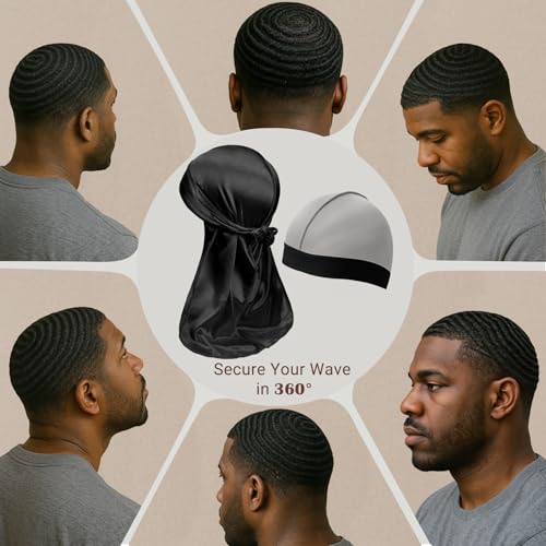 DURALA Adjustable Wave Cap & Durag Pack, Premium Elastic Stocking Cap & Doorag for 360 540 720 Wave (Black+Silver) — view 6