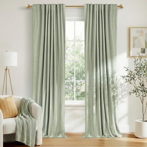 Image of 100% Blackout Shield Linen Blackout Curtains for Bedroom 63 Inches Long, Back Tab /Rod Pocket Living Room Drapes, Thermal Insulated Blackout Curtains 2 Panels Set, 50 inch W x 63 inch L,Sage Green