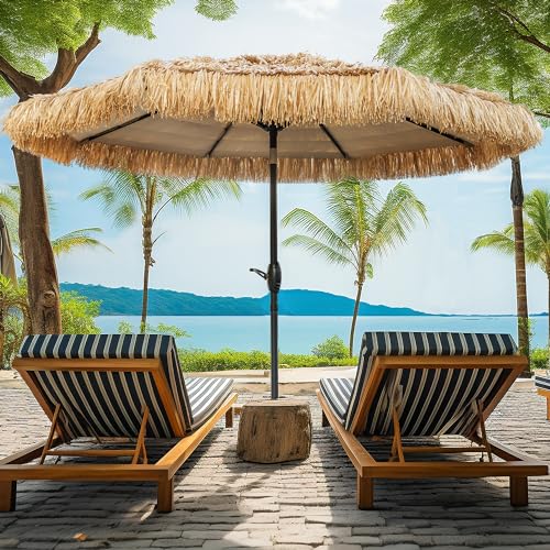 Image of 8FT Tiki Umbrella, Umbrella Outdoor Patio UV-Stability, Hawaiian Style Outdoor Umbrellas for Patio 8 large Ribs, Thatched umbrellas with Push Button Tilt and Crank Lift for Tiki Bar, Pool, Beach, Natural