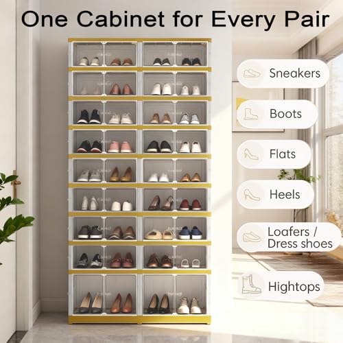 Image of SYNCVIBE Shoe Rack Organizer for Closet Entryway Foldable Sneaker Storage Shoe, Collapsible Shoe Cabinet, Stackable Shoe Storage Cabinet with Lids for Living Room (9 Tiers -36 Pairs White Gold)
