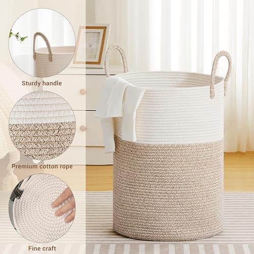 Image of 72L Large Tall Cotton Rope Laundry Basket with Handles, Brown