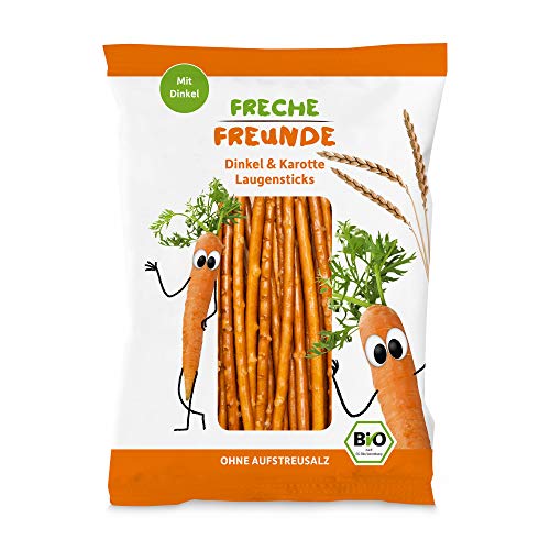 Freche Freunde Bio Knabberzeug Laugensticks "Karotte", Knabberstangen ohne Aufstreusalz, mit Dinkelmehl, vegan, Kindersnack, 15er Pack (15 x 75 g)