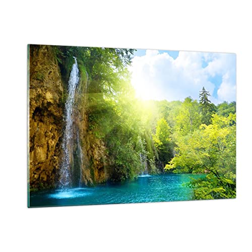Deco Cadre Salon Cascade Forrest Ciel Moderne Impression sur Verre 120x80cm Image Tableau en Verre Decoration Murale Chambre Cuisine Horizontal Art Grand XXL...