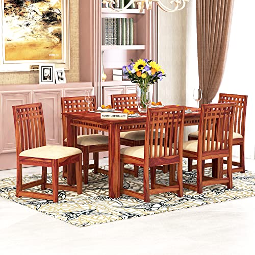 Image of Solid Sheesham Wood 6 Seater Dining Table Set with Cushioned Chairs for Dining Room | Living Room | Home & Office | Hotels Restaurant & Cafe (6 Seater, C-Honey)