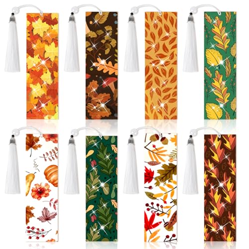 8 Pieces Christian Bible Verse Diamond Art Bookmarks 5d Christian Beaded Bookmark Acrylic Tassel Bookmark for DIY Making Beginners Kids Adults Arts Craft Supplies (Fall)