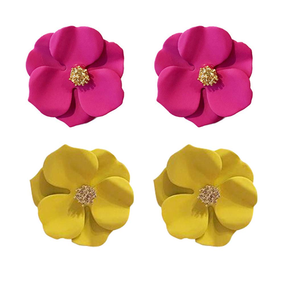 GIMEFIVE 2 Pairs Chic Boho Matte Flower Statement Stud Earrings Set with Gold Flower Bud for Women Sister Mom Lover and Friends Jewellery (A Rose red+Yellow)